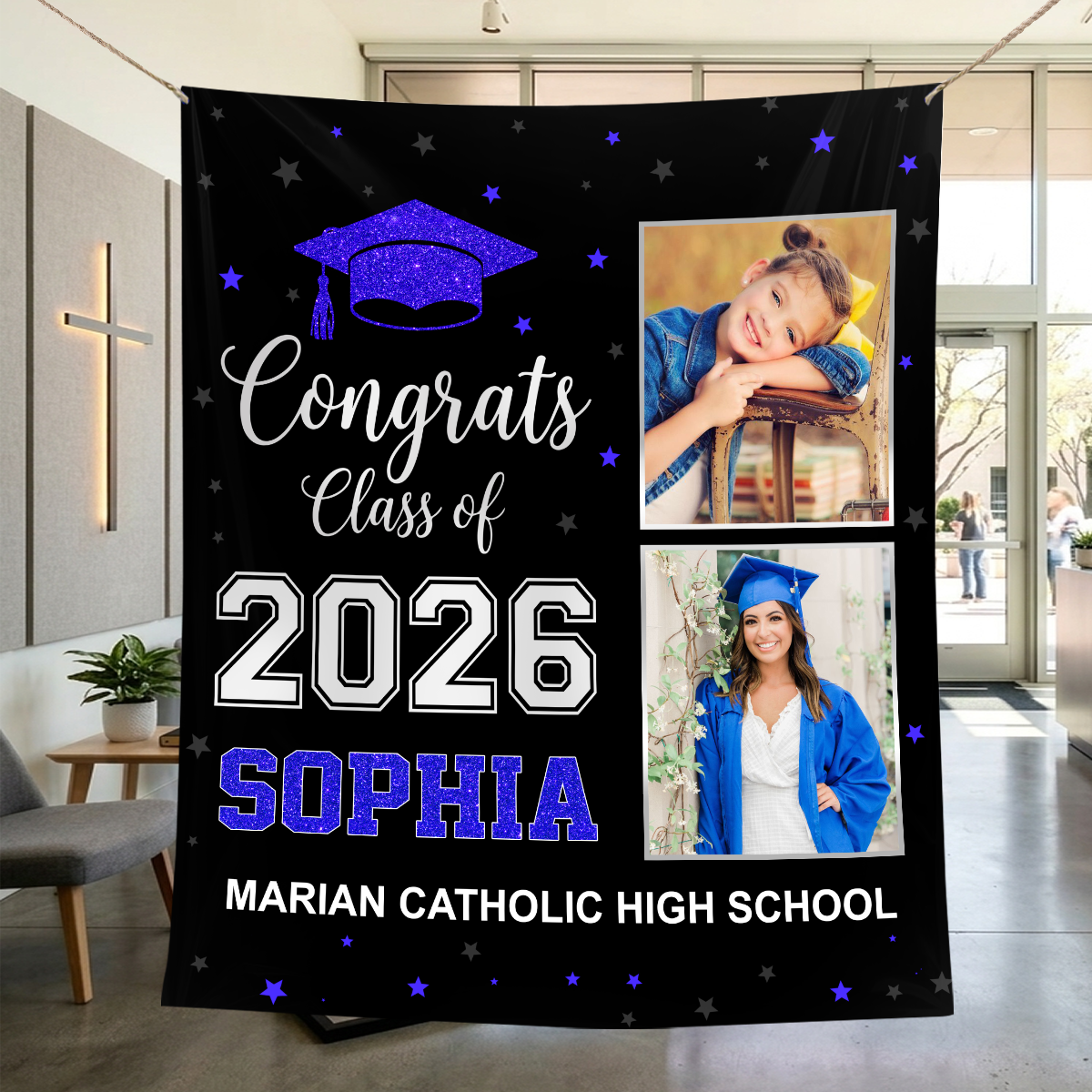 Photo And Glitter Name Personalized Graduation Backdrop