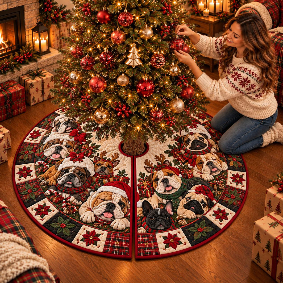 Quilted Bulldog Christmas Tree Skirt – Festive Bulldog Design with Holly & Red Bows, Cozy Holiday Decor, Christmas Gift for Dog Lovers 1b9d8d07-0887-4491-b6df-2582f209a06e-3.jpg