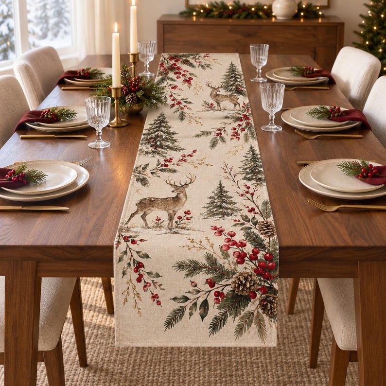 Christmas Table Runner, Woodland Deer Holiday Decor, Botanical Reindeer Runner, Elegant Rustic Christmas Dining Gift 1d49a81f-1b27-4f5a-86c2-d6859e41bde7--1.jpg