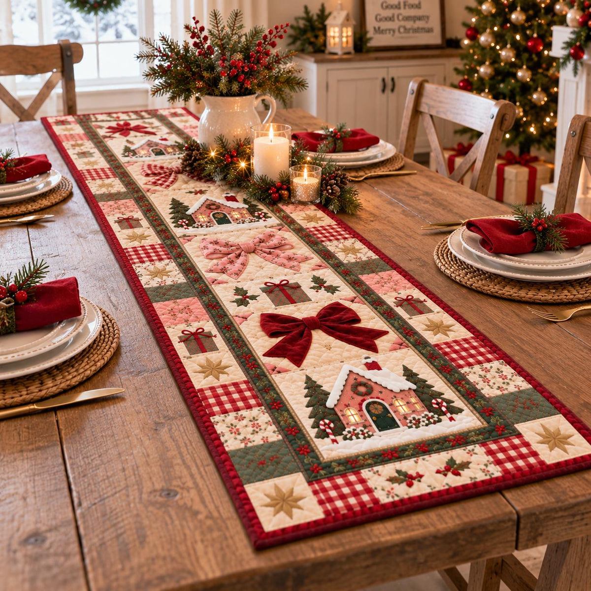 Christmas Quilt-Style Table Runner, Gingerbread House, Red Bow Holiday Decor 202a32ca-08fb-4ae0-9000-81153eb7904c-5.jpg