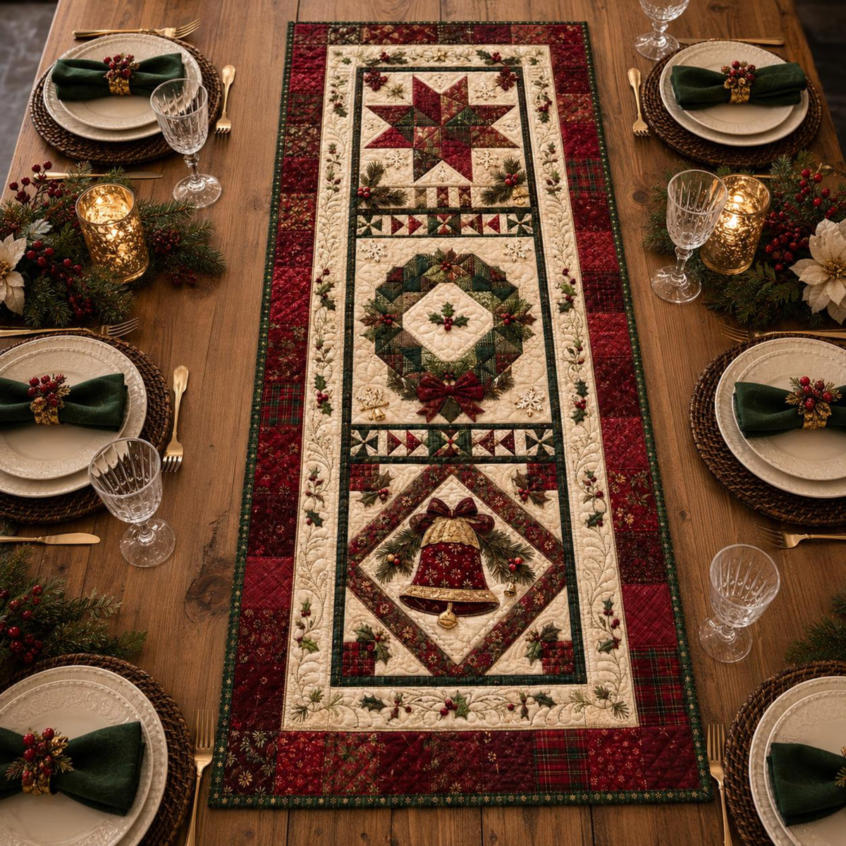 Quilted Christmas Patchwork Table Runner, Holiday Bell Decor 22883642-d802-416d-9391-d2cfe914b384-2.jpg