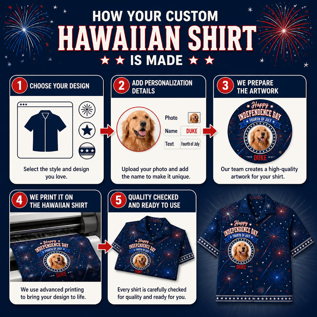 4th of July Fireworks Pet Photo Hawaiian Shirt - How it is made