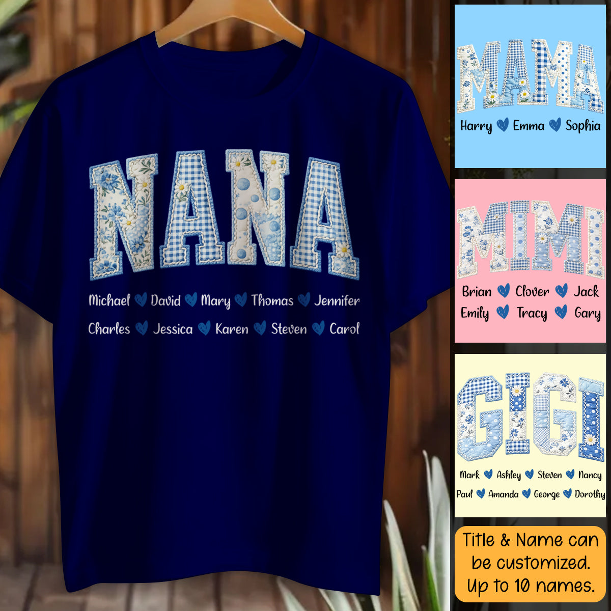 Mama Blue Toile Patchwork Floral - Personalized T-shirt