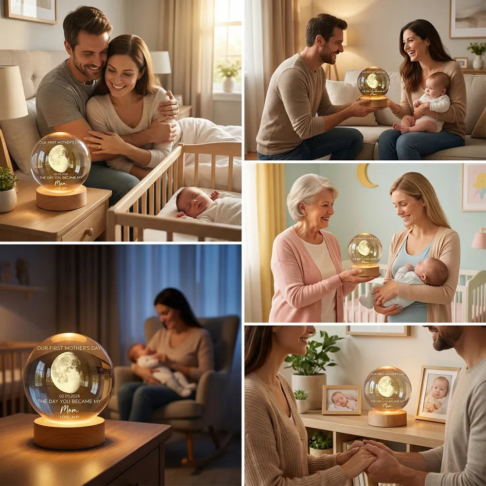 The Day You Became My Mom Custom Moon Phase First Mother's Day - Personalized Crystal Ball LED Night Light - First Mother's Day Gift For New Mom