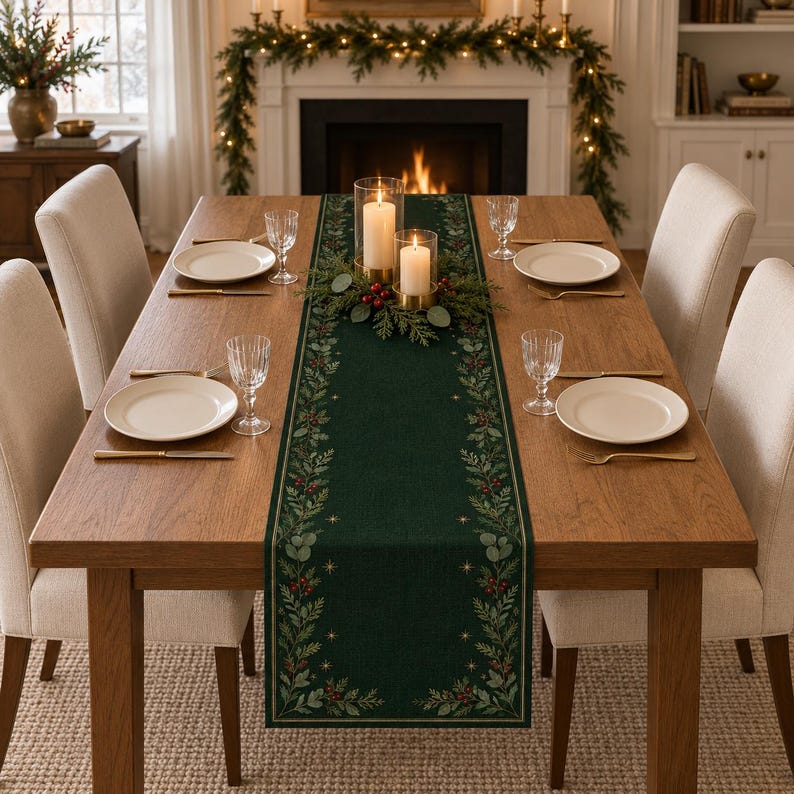 Dark Green Botanical Christmas Table Runner, Faux Linen Evergreen Table Decor, Rustic Holiday Dining Room Accent 3f3ec5fe-55b4-467e-9a34-8dfaf8ce7282-a1.jpg