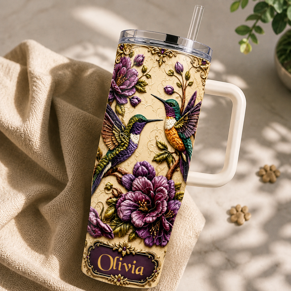 Elegant Hummingbird & Purple Blossom - Personalized 40oz Tumbler
