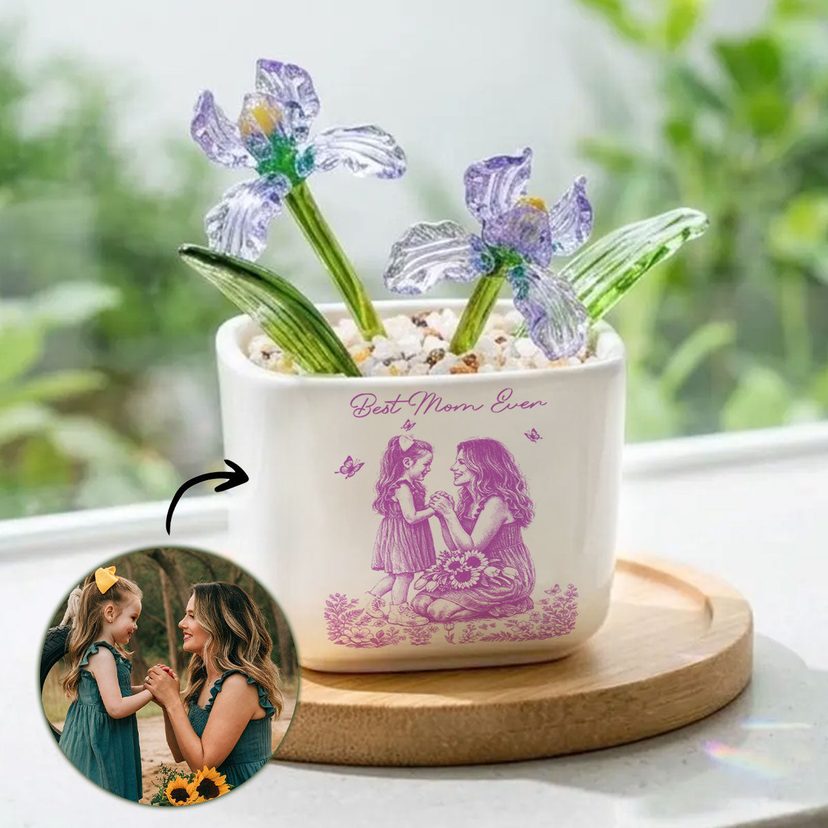 Pencil Sketch Photo - Birth Flower Glass Pot Gift