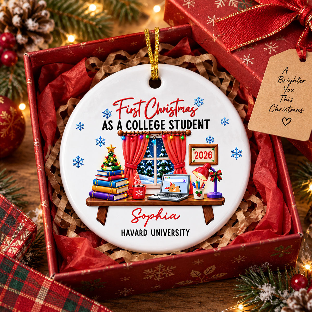 College Student With Desk Design - Personalized Ceramic Ornament - Christmas Gift For New Student, Boy, Girl