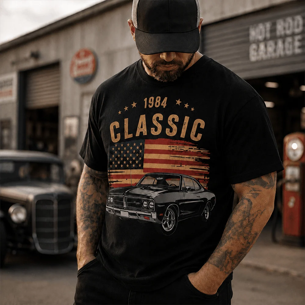 Personalized Classic Car Shirt with Custom Photo, Year & Flag – Retro Tee, Sweatshirt or Hoodie for Car Lovers