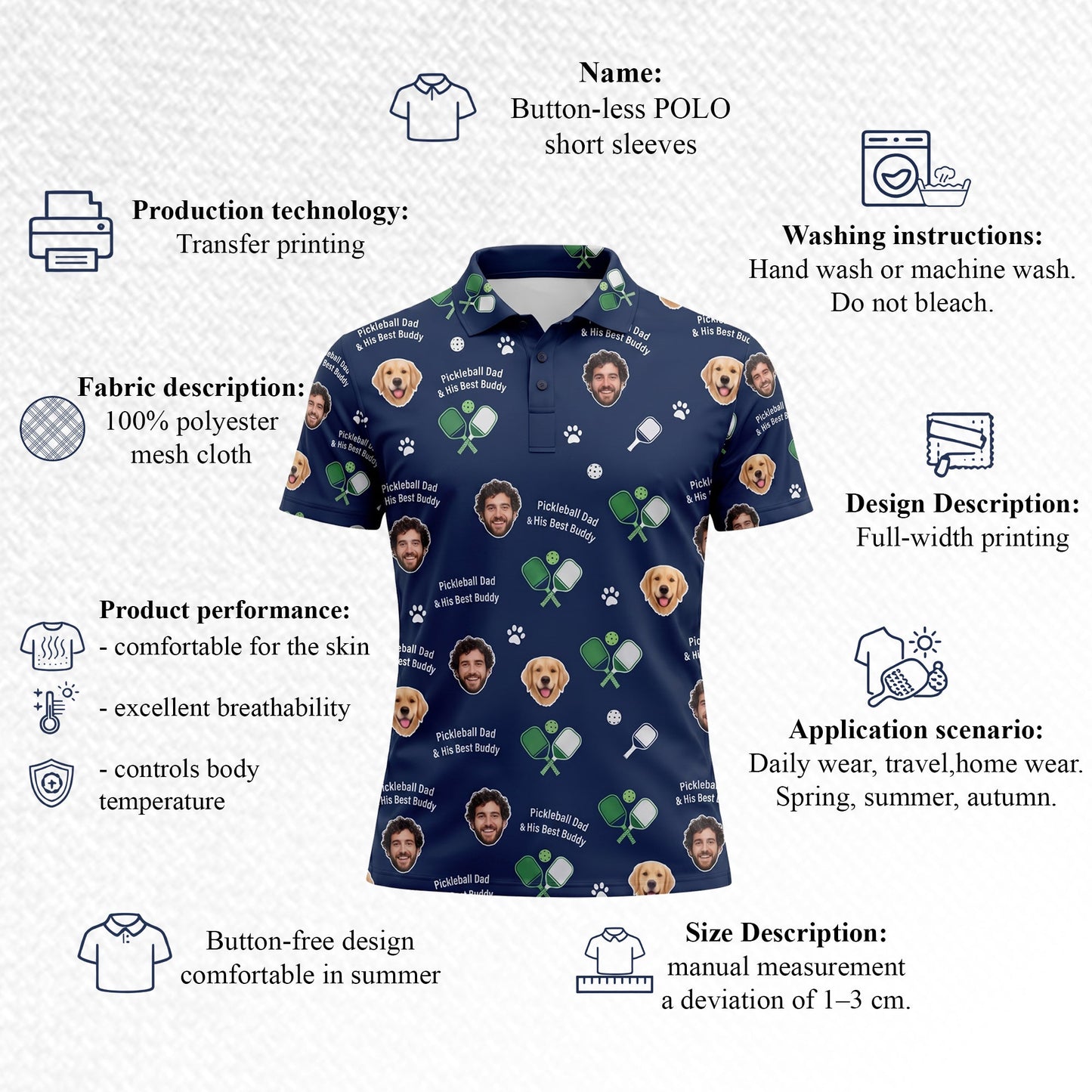 Custom Photo Pickleball Dad & Dog Polo Shirt Navy