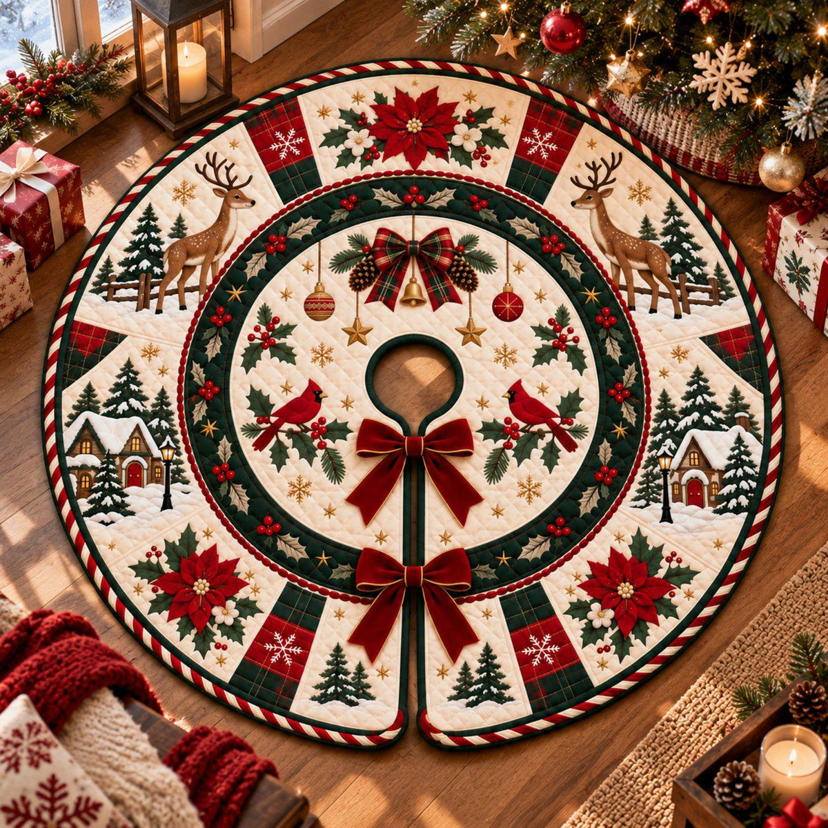 Quilted Christmas Tree Skirt, Reindeer Cardinal Tree Skirt, Poinsettia Winter Decor, Red Green Plaid Rustic Holiday Tree Mat 506a6f69-cc0b-4eb1-8835-68d2fe5dd7b1-3.jpg