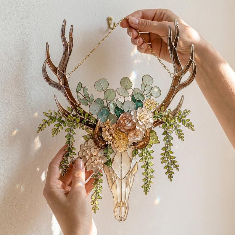 Personalized Floral Deer Skull Suncatcher Stained Glass – Asthetic Botanical Antler Window Decor, Rustic Boho Gift 6a01239e-b054-4666-9018-c47595dfaa53--3.jpg