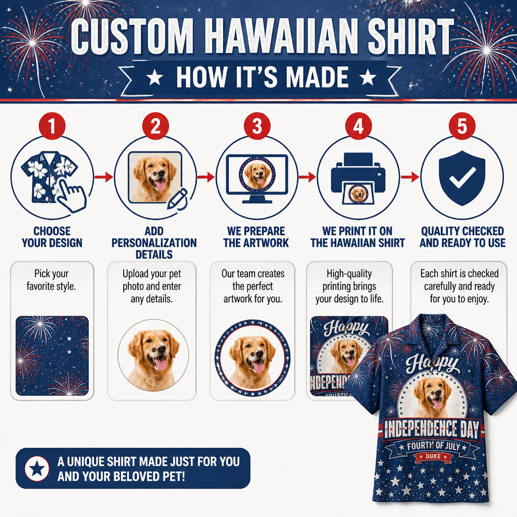 Custom Pet Photo Independence Day Hawaiian Shirt - How it is made