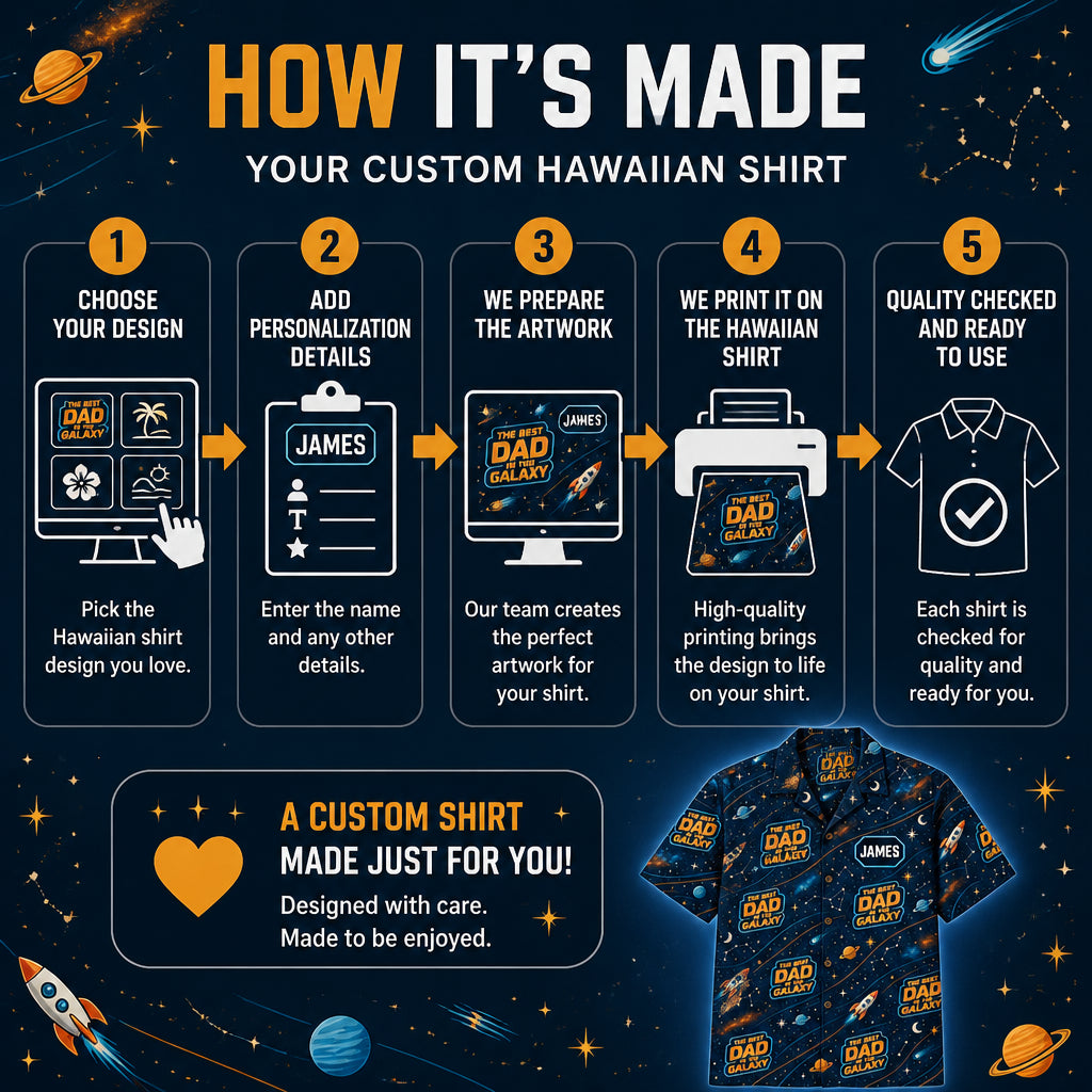 Best Dad in the Galaxy – Retro Space AOP Hawaiian Shirt (Personalized Name) - How it is made