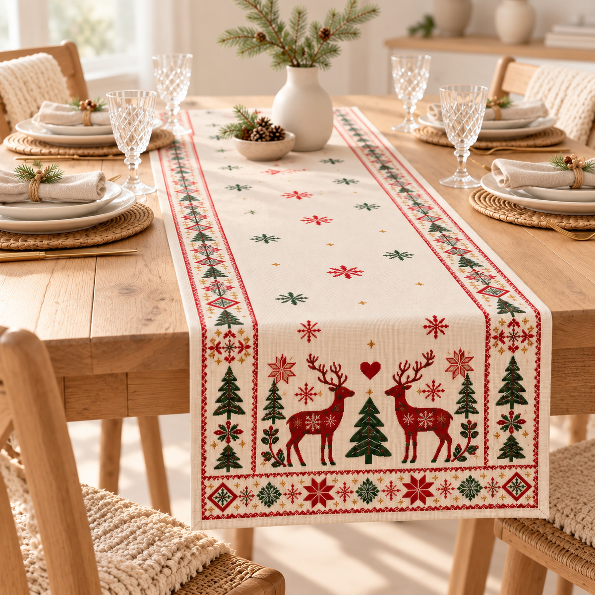 Nordic Reindeer Christmas Table Runner, Scandinavian Holiday Table Decor, Rustic Winter Dining Table Linen 9b3b077a-3007-42fb-8123-057fd6a443b4-Ivory-reindeer-Christmas-runner-in-soft-daylight-3.png