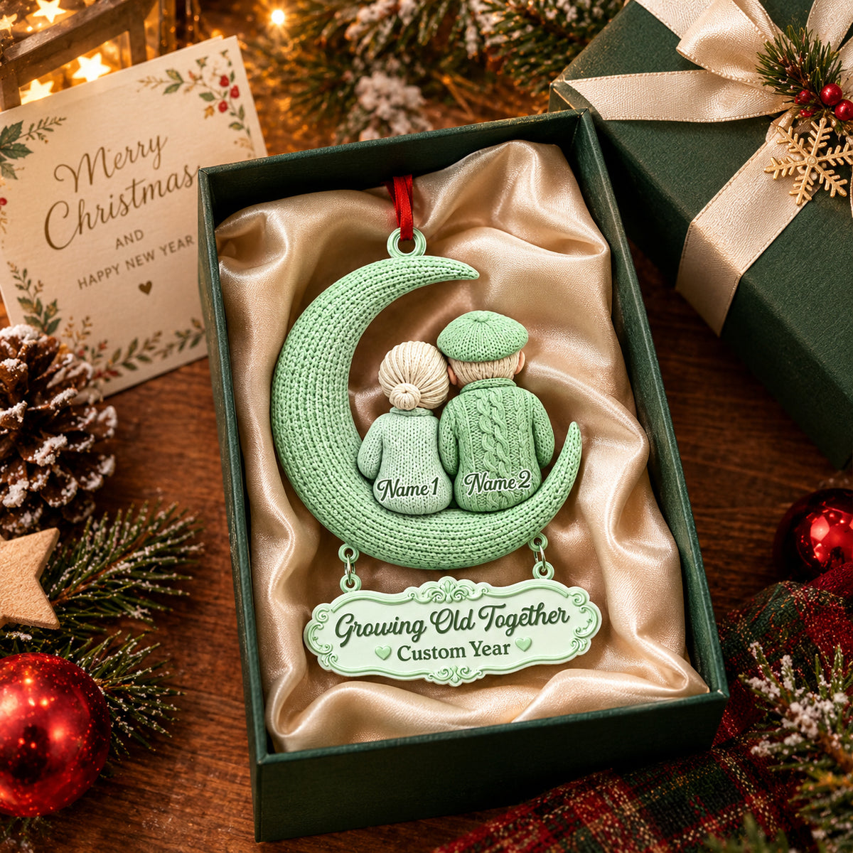 Growing Old Together Couple On Moon Wooden Ornament - Personalized Ornaments