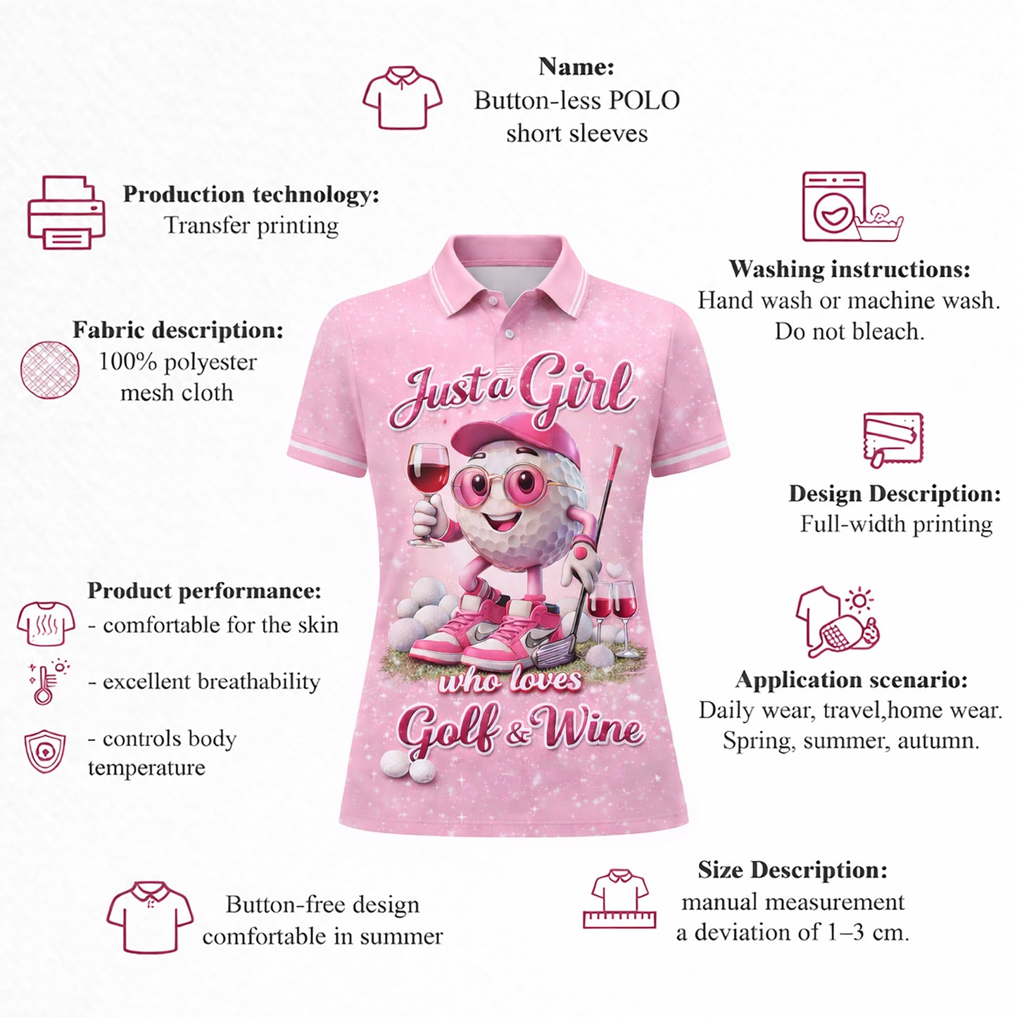 Women Golf Polo Shirt Funny Golf & Wine Lover Custom Name Pink Cute Golf Ball Design GIA26040704_4.jpg