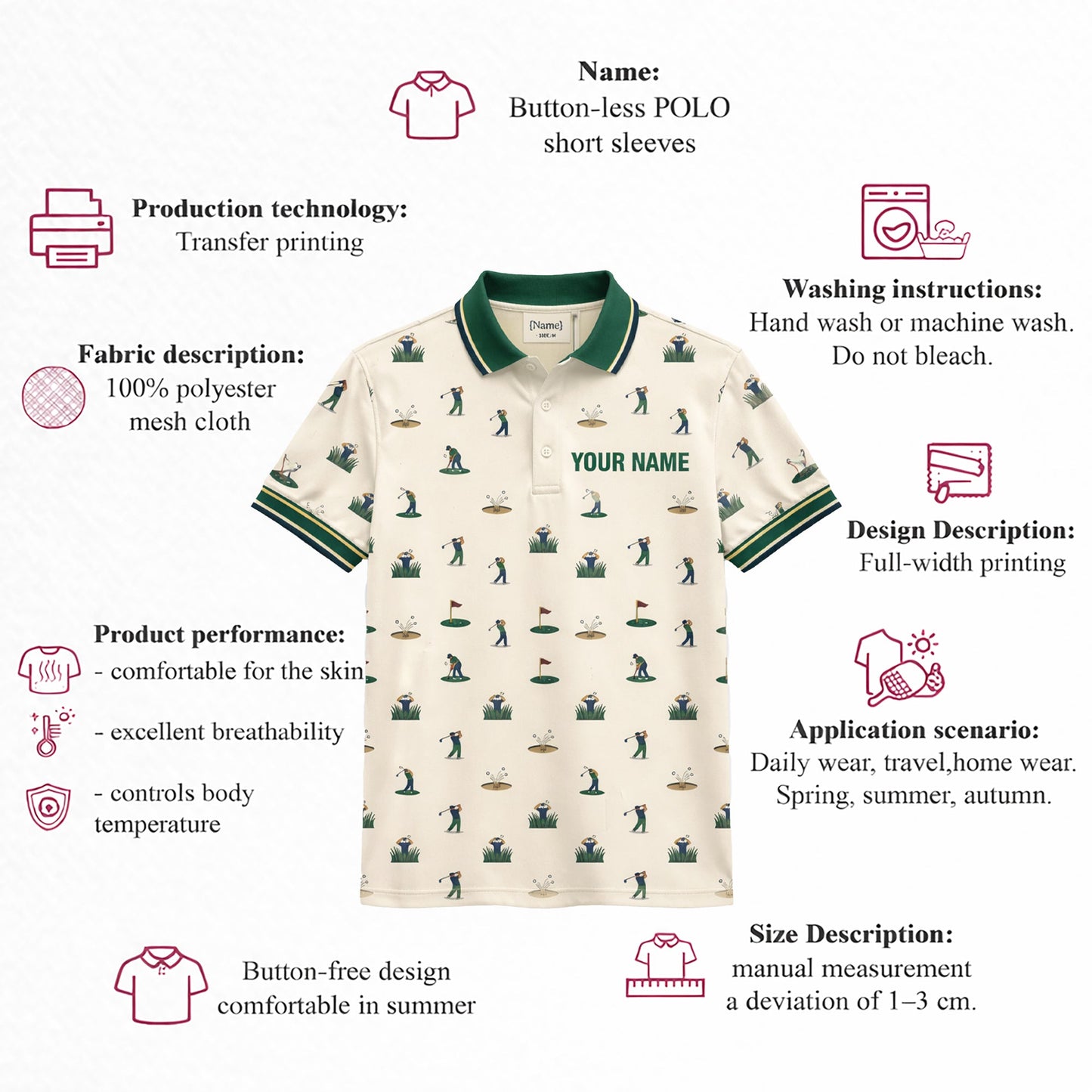 Vintage Golfer Pattern Custom Name Polo Cream Green GIA26042007_4.jpg