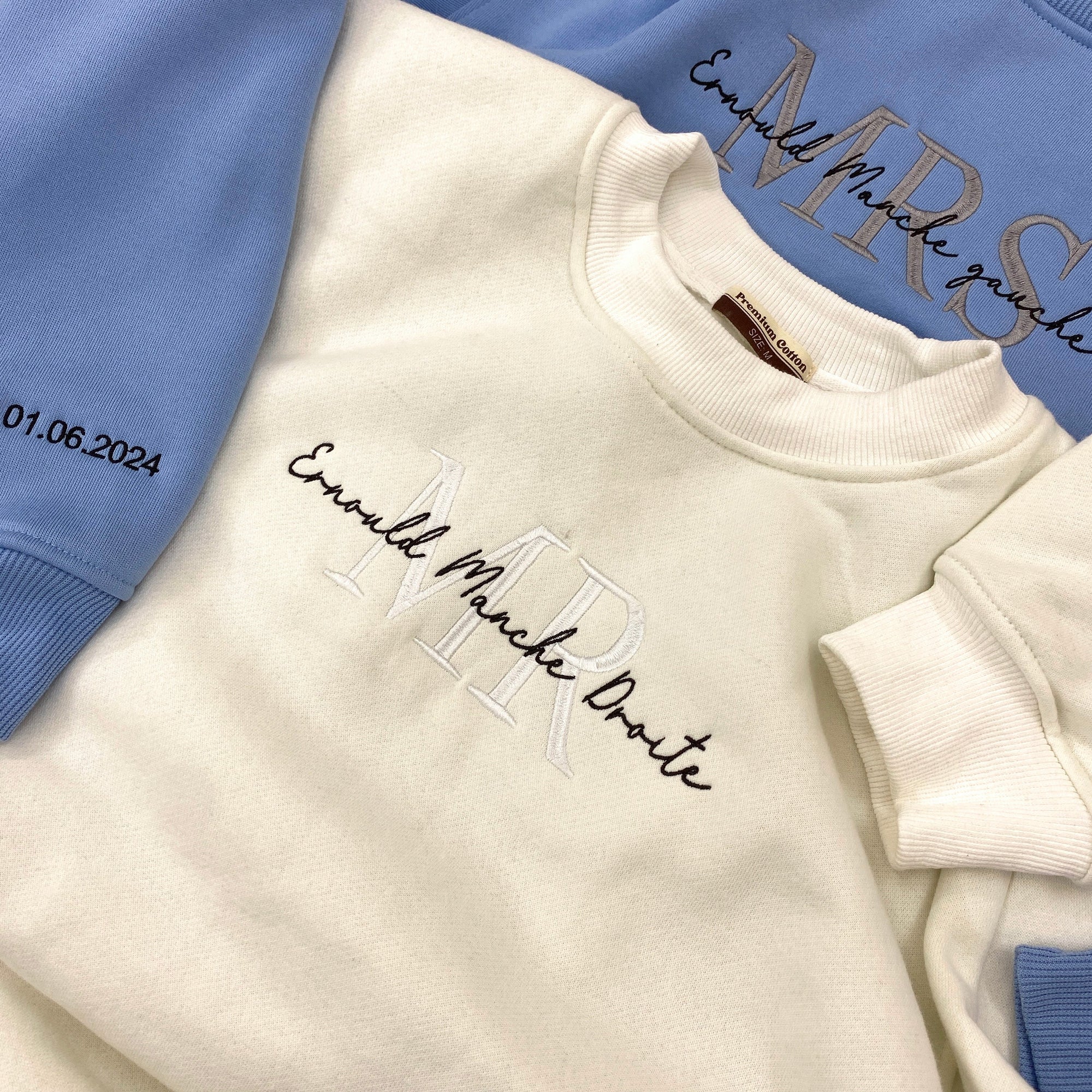 Mrs And Mr Embroidered Sweatshirt, Date On Sleeve IMG_E3594.1.jpg