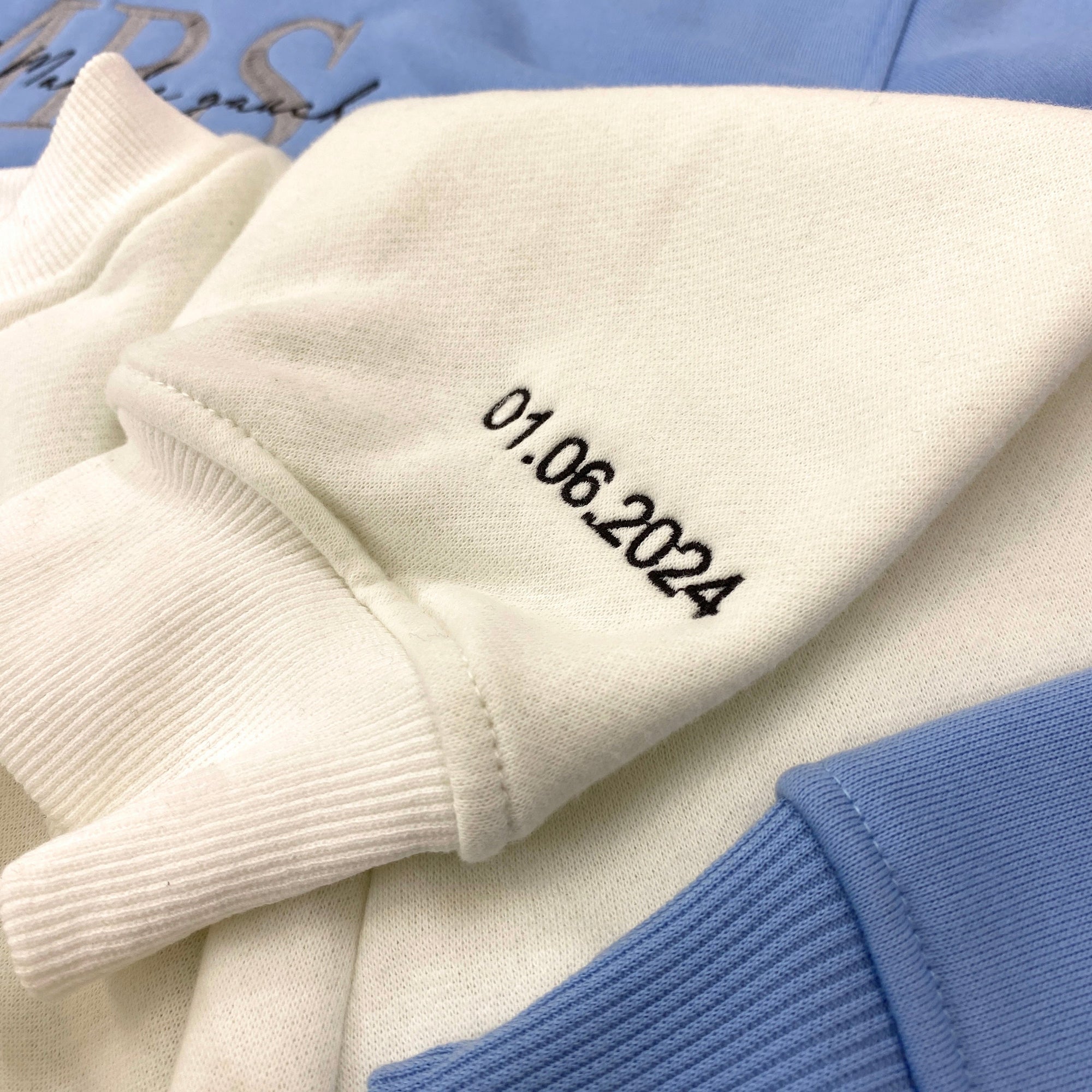 Mrs And Mr Embroidered Sweatshirt, Date On Sleeve IMG_E3596.1.jpg