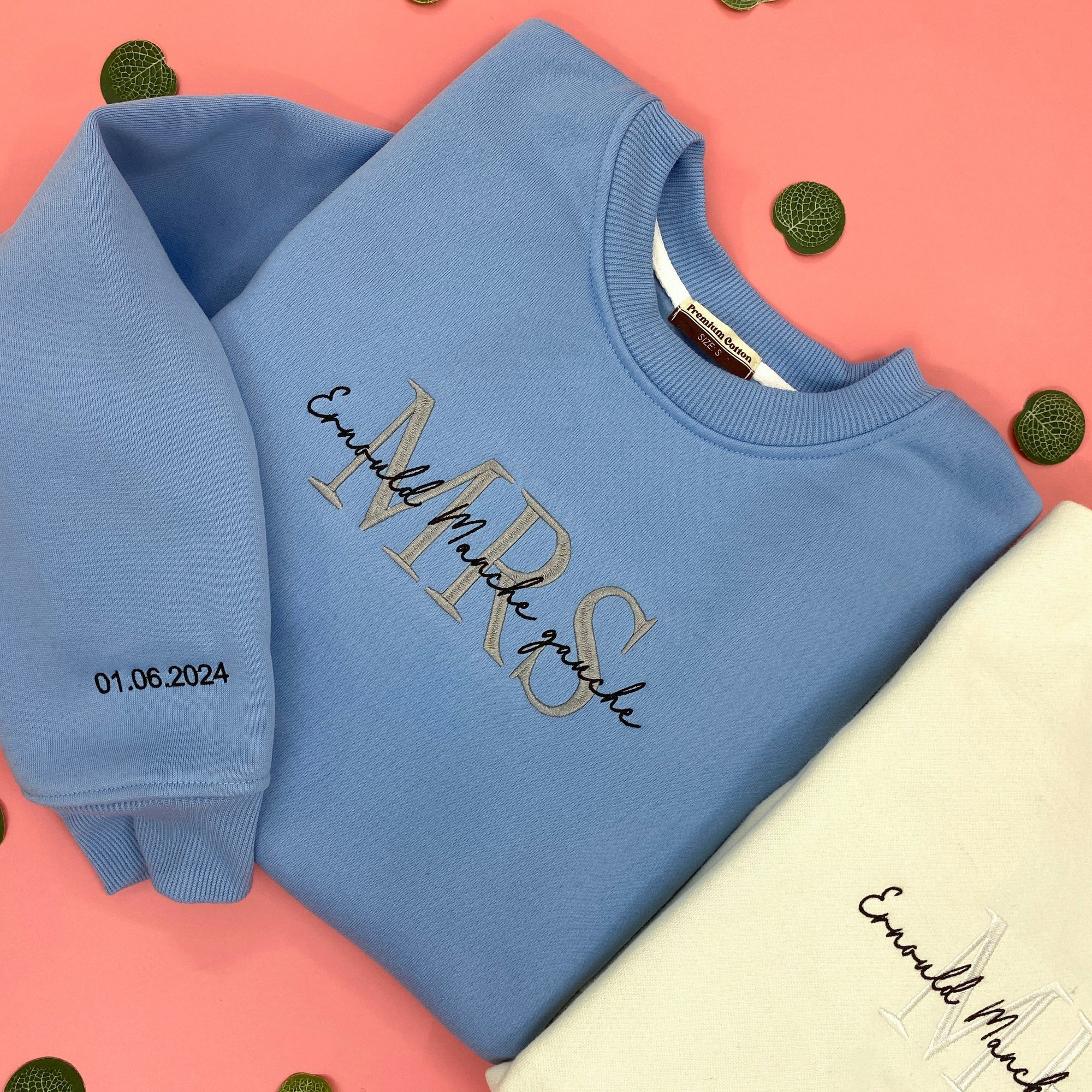 Mrs And Mr Embroidered Sweatshirt, Date On Sleeve IMG_E3604.1.jpg