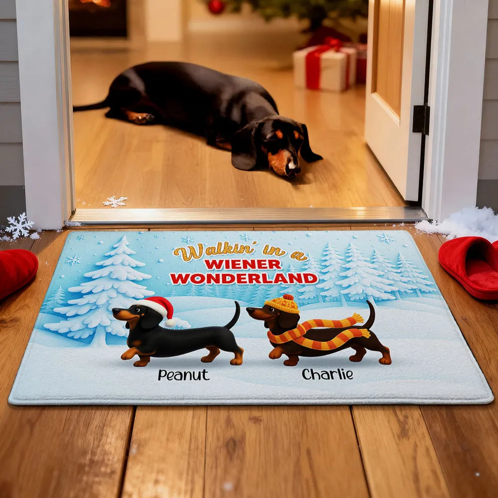 Dachshunds Walking In A Wiener Wonderland - Personalized Doormat - Unique Christmas Gift For Dachshunds Lovers