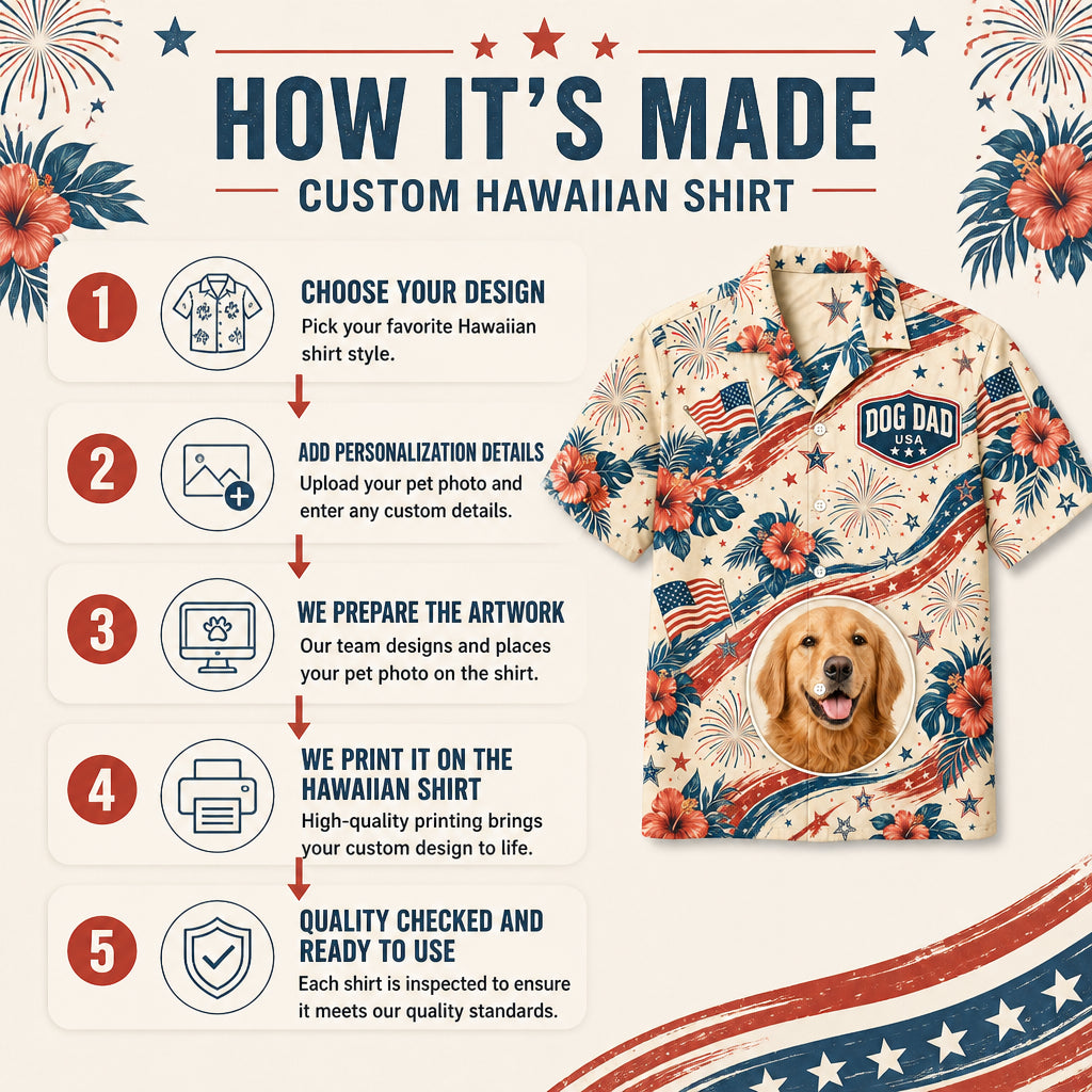 Patriotic Dog Dad Hawaiian Shirt — Custom Pet Photo - How it is made