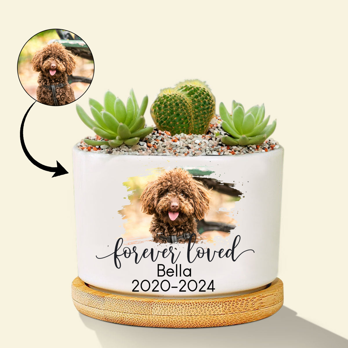 Personalized Dog Photo Memorial Gift Planter Ceramic Pot w/ Bamboo Tray - Forever Loved - Dog Sympathy Gift - Pet Memorial bannermemorialdogphoto.jpg