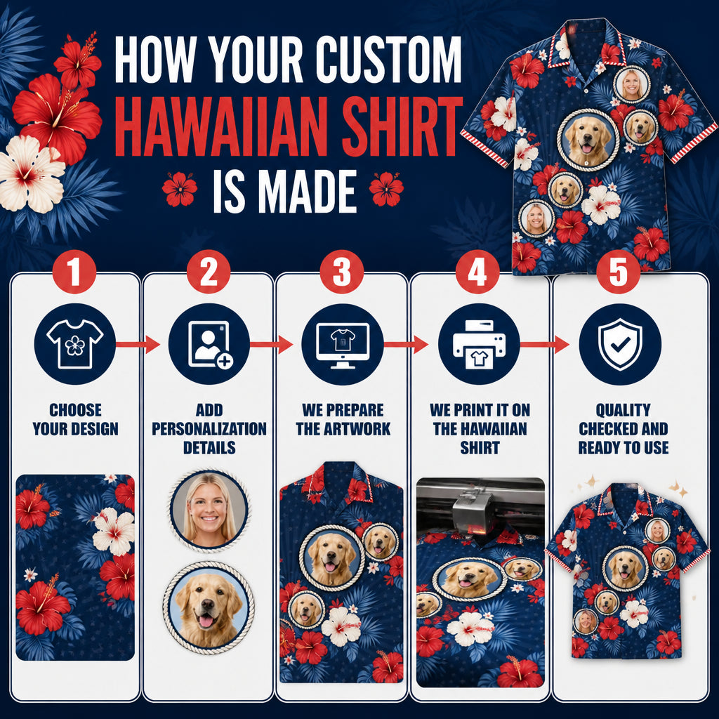 Patriotic Hibiscus Pet Face Hawaiian Shirt - How it is made