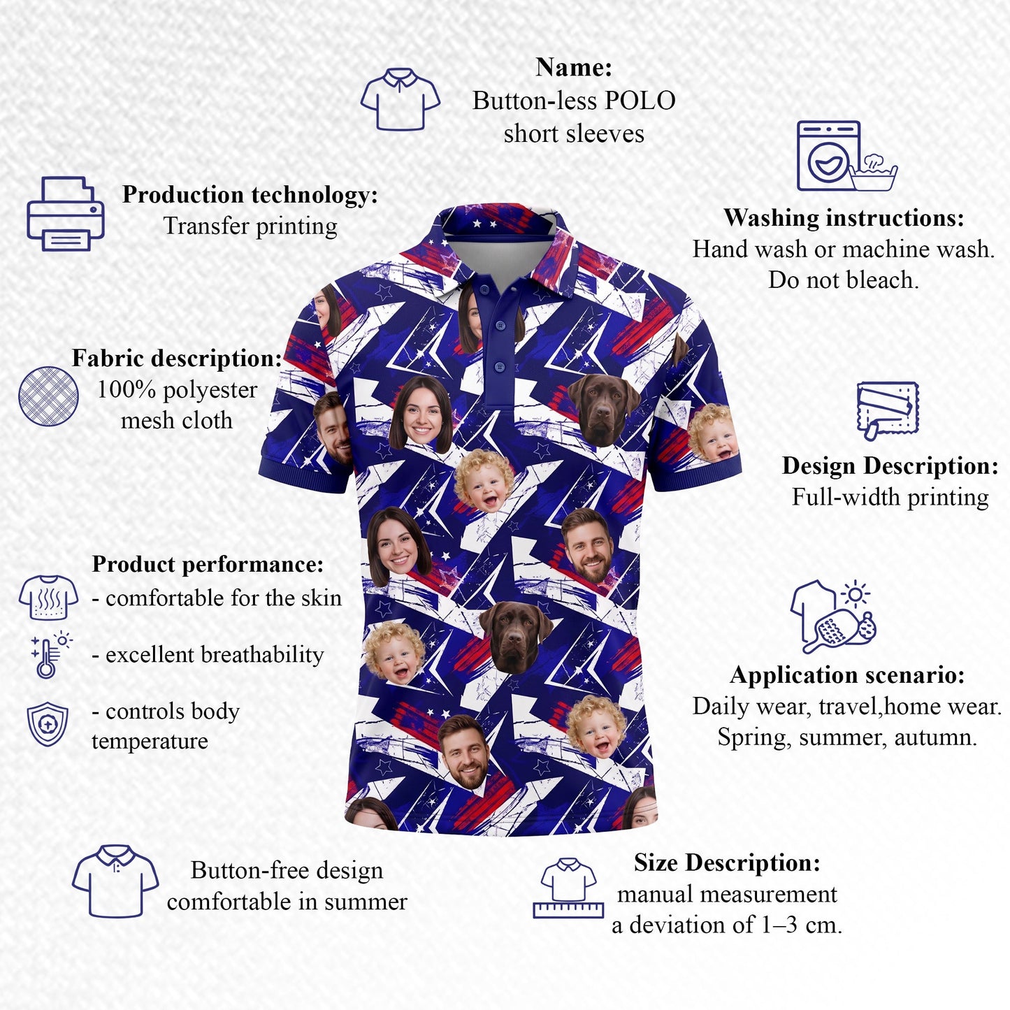 Custom Face Polo Shirt Blue Star Pattern