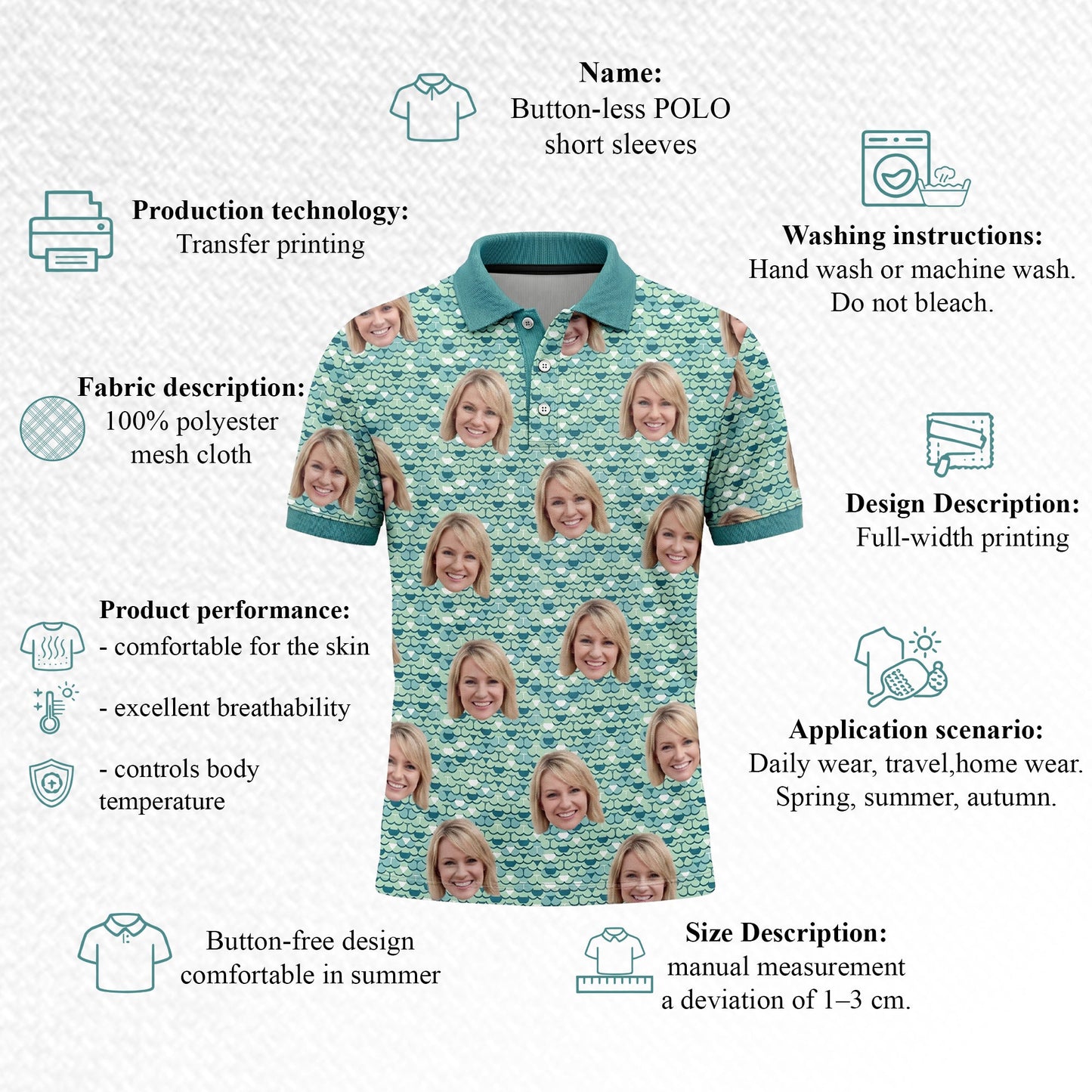 Men's Custom Face Photo Print Polo Shirt Teal Scale