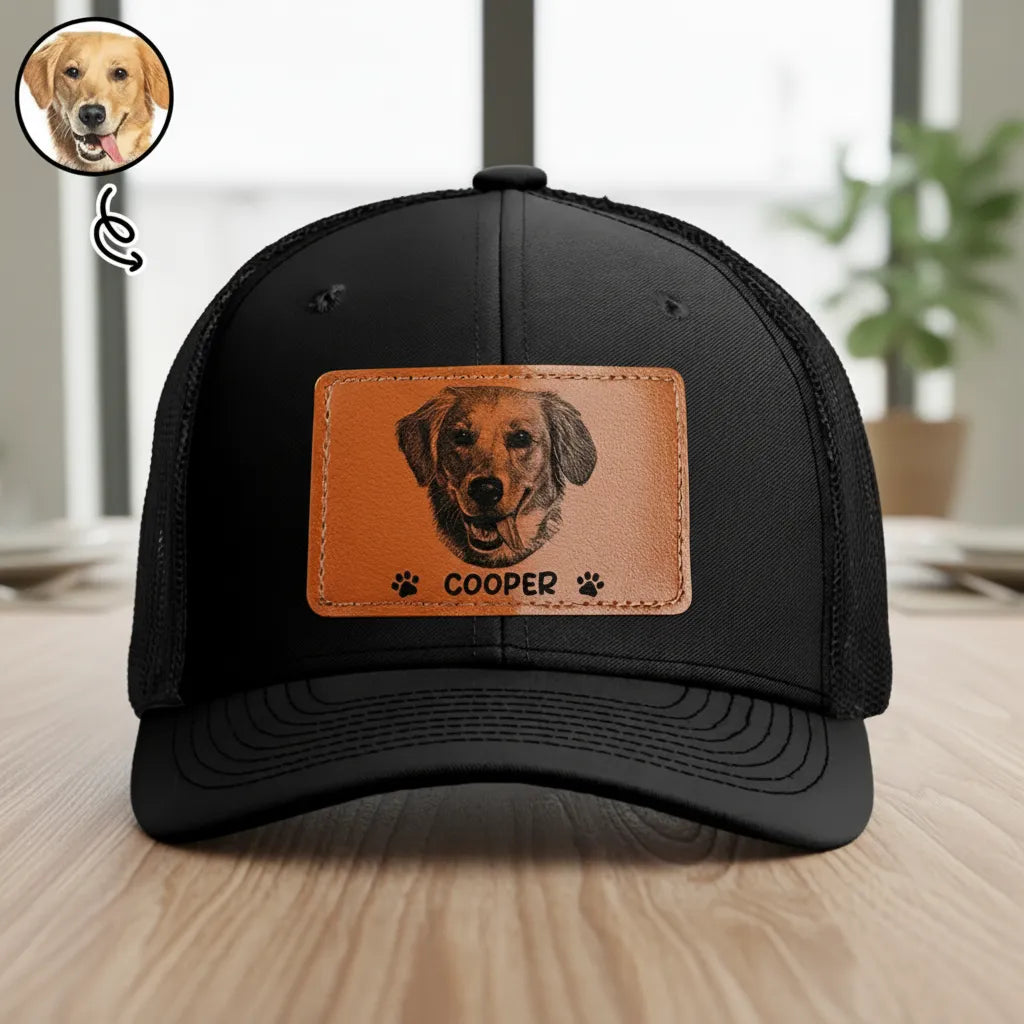 Custom Photo Pencil Sketch Just A Man & His Dog - Leather Label Net Hat