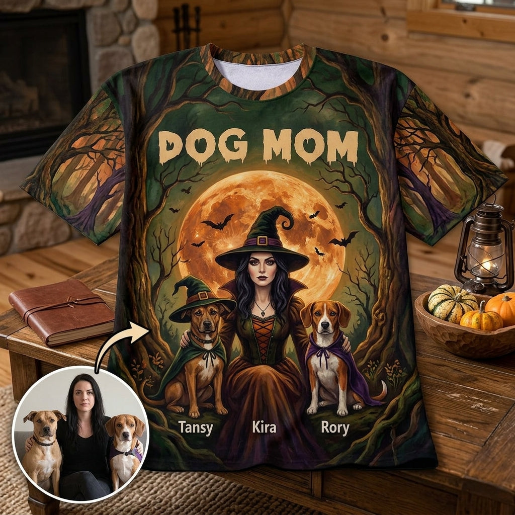 Personalized Dog Mom Halloween T-Shirt – Custom Woman & Dogs Witch Portrait with Names hero-6a71894572dd485161a96bad.jpg