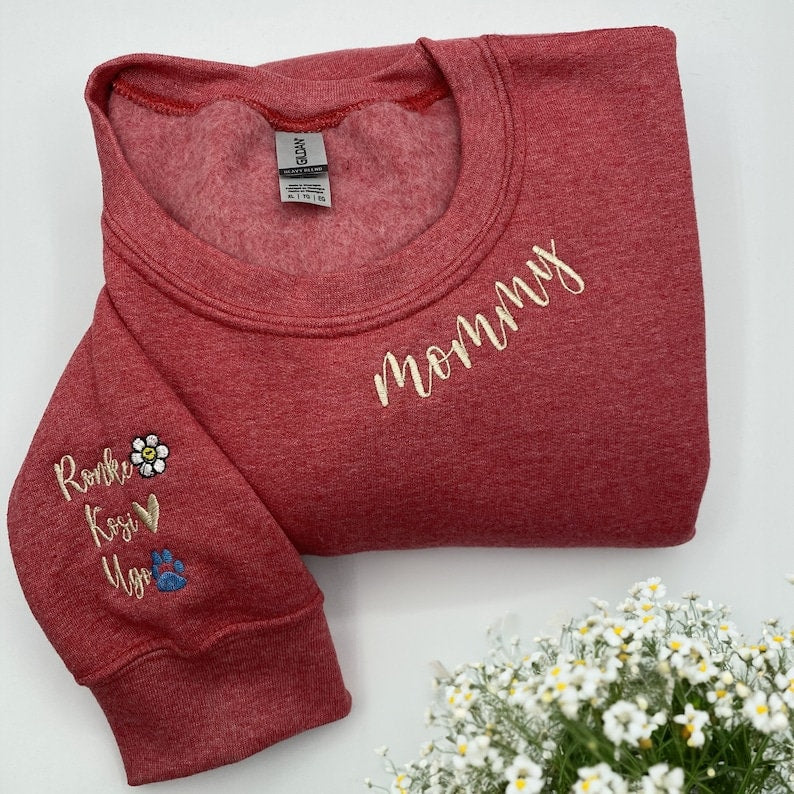Personalized Embroidered Mama Mommy Gigi Auntie or Any Text on Neckline Shirt, Custom Names on Sleeve,Personalized Gift for Mom Nana Auntie il_794xN.5903248490_rdha.jpg