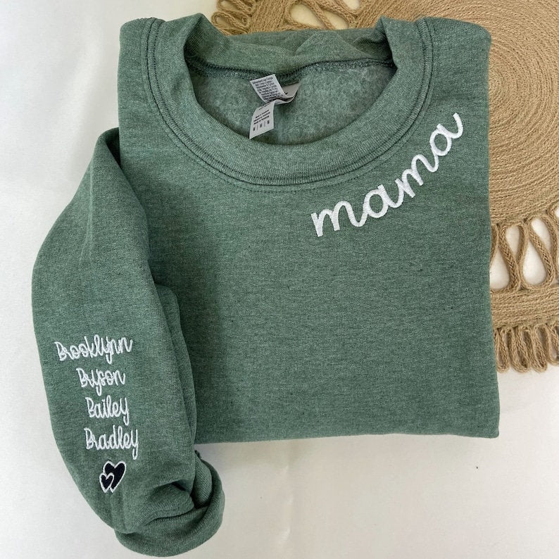 Personalized Embroidered Mama Mommy Gigi Auntie or Any Text on Neckline Shirt, Custom Names on Sleeve,Personalized Gift for Mom Nana Auntie il_794xN.5903255366_i1d2.jpg