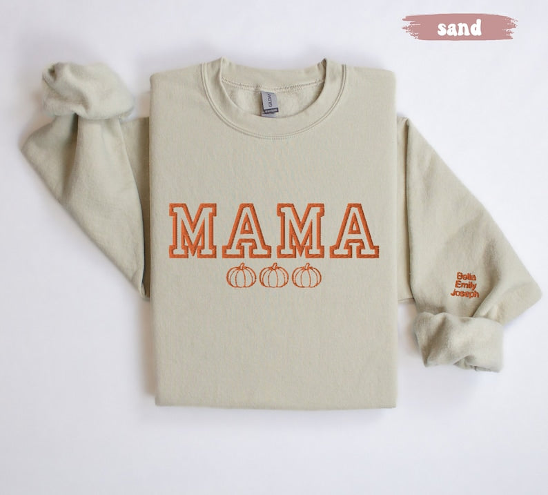 Personalized Embroidered Mama Sweatshirt with Pumpkins | Fall & Halloween Themed | Custom Kids Names on Sleeve | Cozy Autumn Pullover il_794xN.6102800778_bjk0.jpg