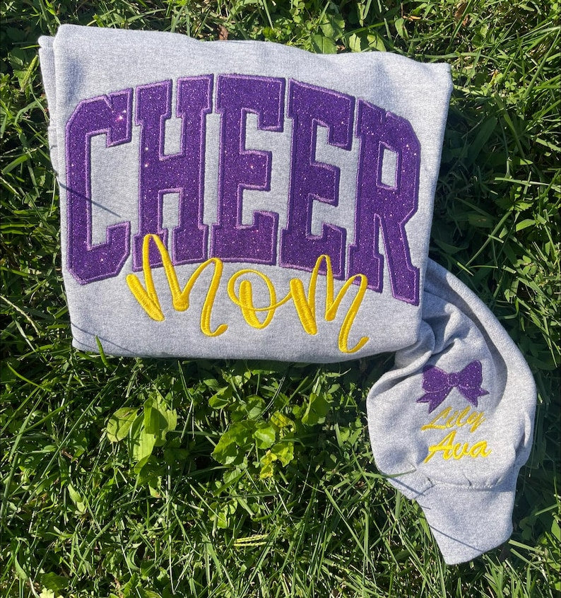 Cheer Mom, Cheer Custom Title with Name on Sleeve Glitter Applique Embroidered Sweatshirt il_794xN.6365959808_71rj.jpg