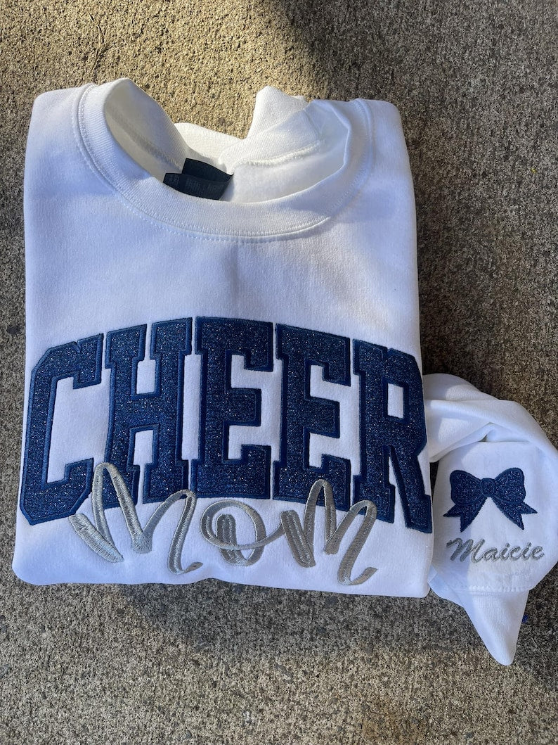 Cheer Mom, Cheer Custom Title with Name on Sleeve Glitter Applique Embroidered Sweatshirt il_794xN.6609118027_7rjz.jpg