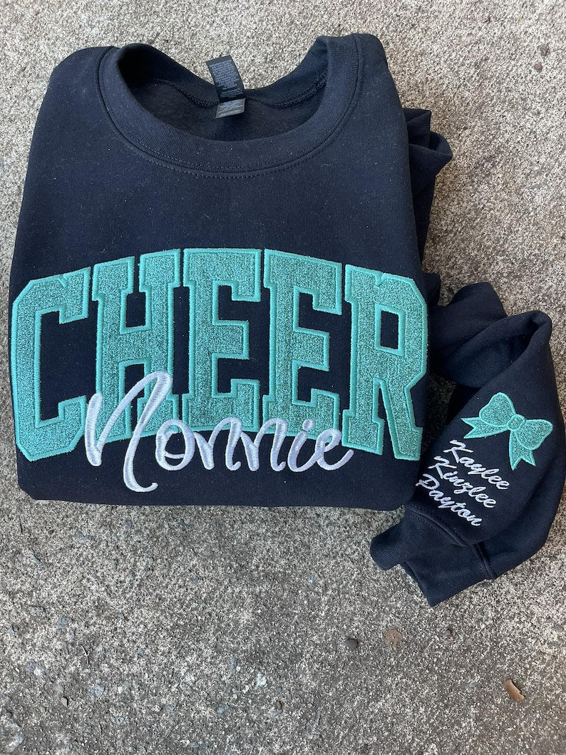 Cheer Mom, Cheer Custom Title with Name on Sleeve Glitter Applique Embroidered Sweatshirt il_794xN.6609118029_4p29.jpg