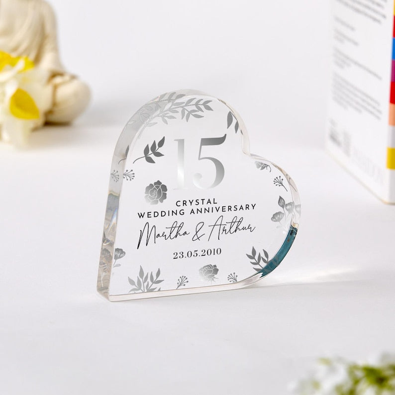 Personalised 15th Wedding Anniversary Gift Crystal Anniversary Heart-Shaped Acrylic Plaque Custom Keepsake with Names Date Elegant Floral il_794xN.6807418347_93yu.jpg