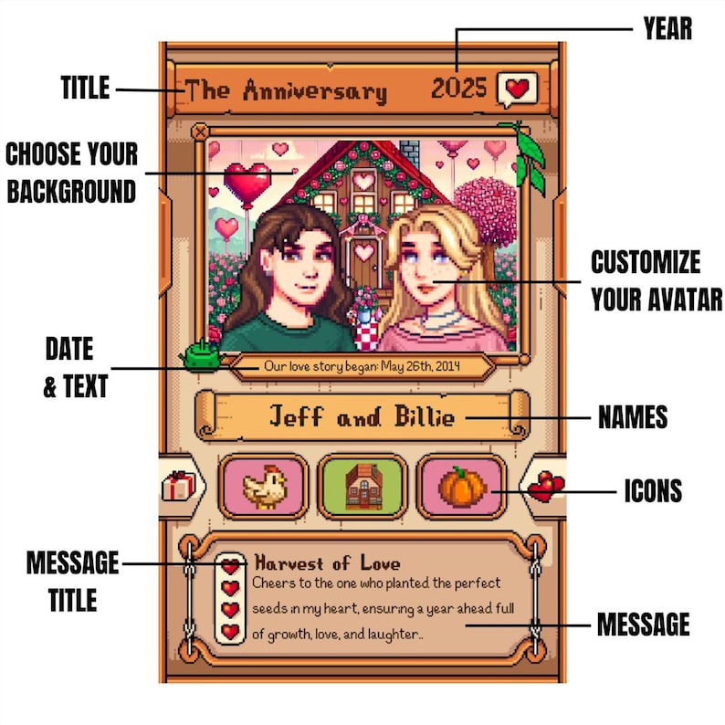 Custom Stardew Valley Card - Personalized Couples Gifts - Anniversary Gift - Couple Anniversary - Gift for Him Her- Gift for Farming Gamer il_794xN.7072738371_h134.jpg