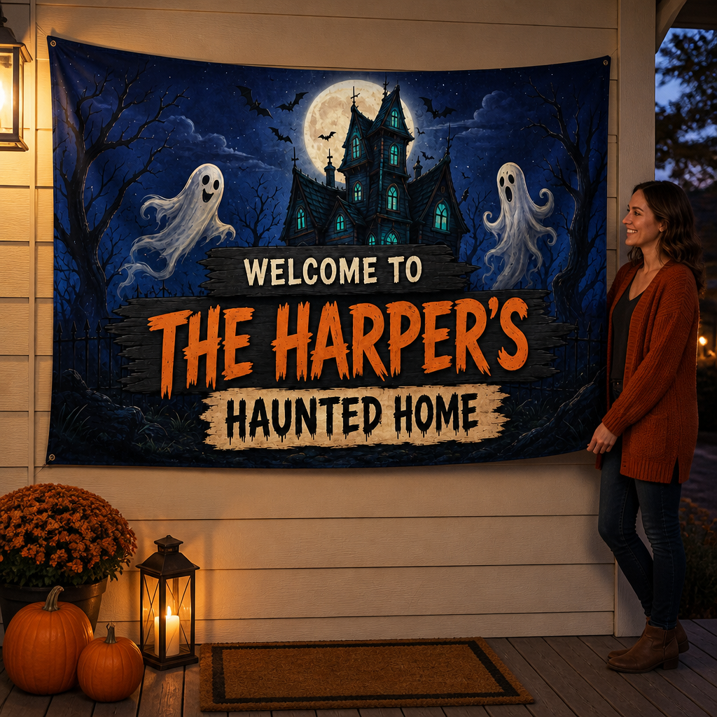 Welcome To Haunted Home β Personalized Family Flag β Halloween Gift mockup-held-6a82ad695b56287c2cc9c9d6.png