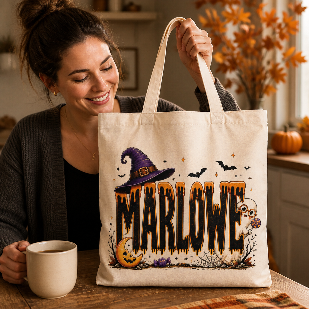 Personalized Halloween Name Tote Bag – Custom Cute Ghost & Witch Trick-or-Treat Candy Bag mockup-held-6a87126ceb608cf4321af474.png