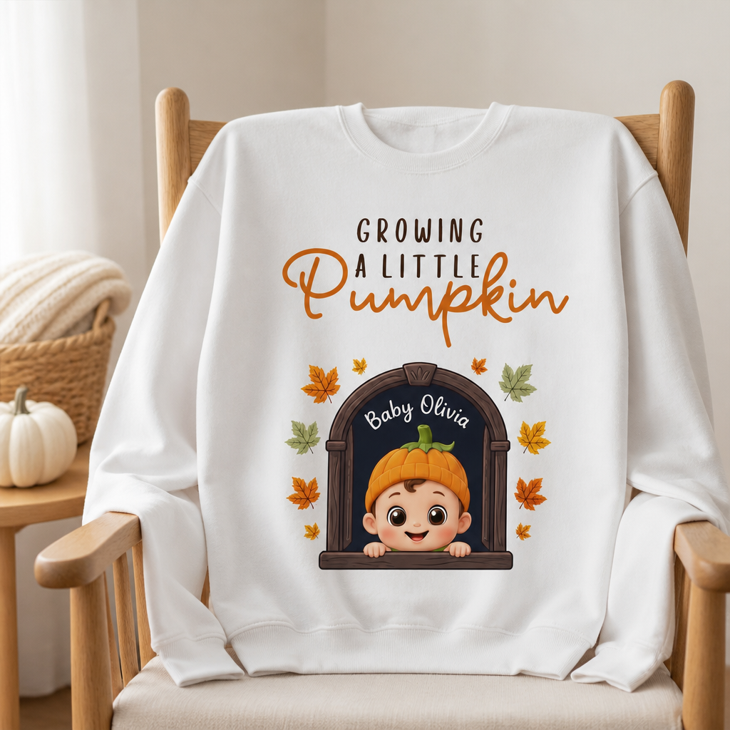 Growing a Little Pumpkin – Personalized Baby Name Sweatshirt – Personalized Pregnancy Sweatshirt – Fall Baby Announcement Gift mockup-product-6a7ec2d1499642cfece3a2e9.png