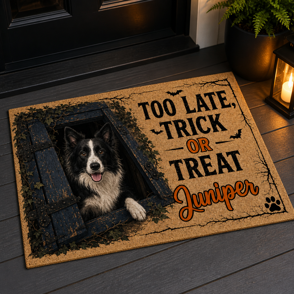 TOO LATE, TRICK OR TREAT Juniper – Personalized Photo Doormat – Halloween Gift mockup-product-6a7fe2de2b19edb947ec3b42.png