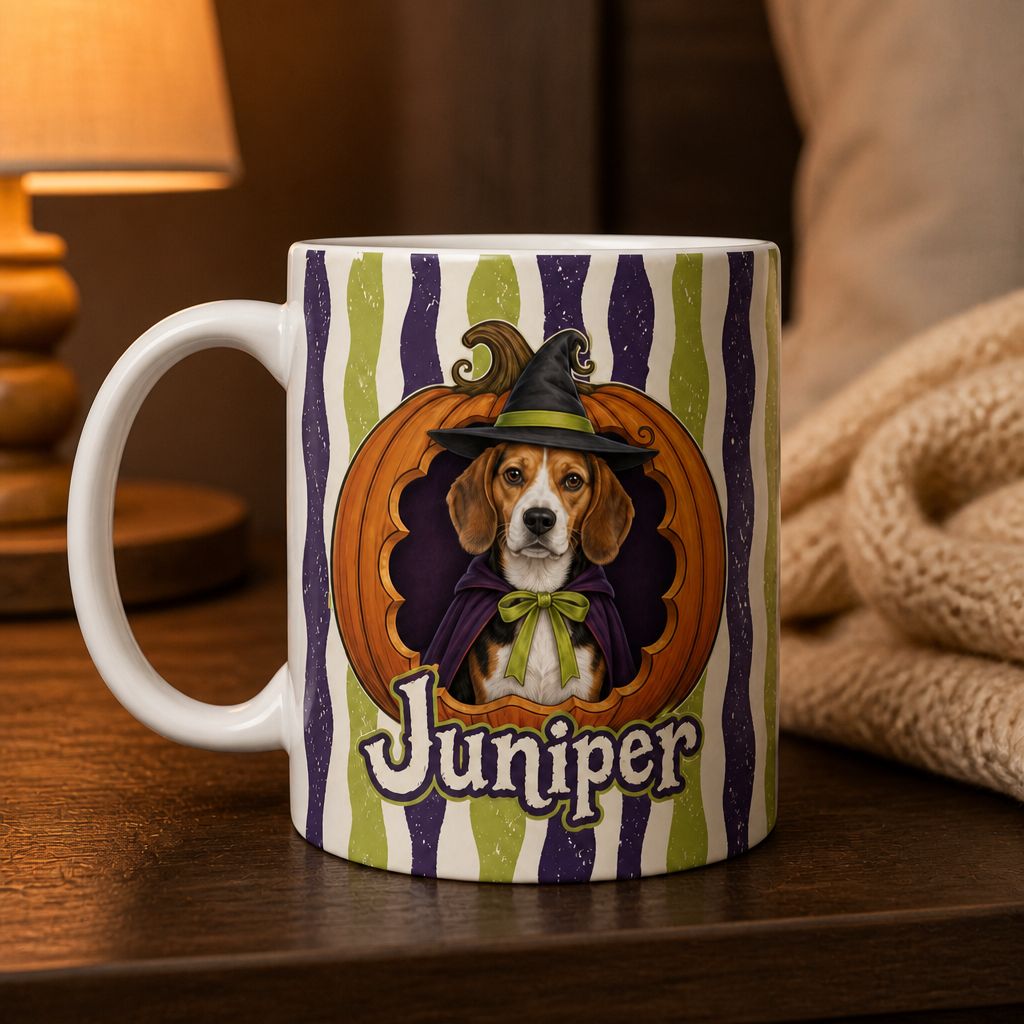 Custom Halloween Pet Mug from Photo – Personalized Dog Witch Hat Name Coffee Mug mockup-product-6a8666b6184038a4638fc358.png