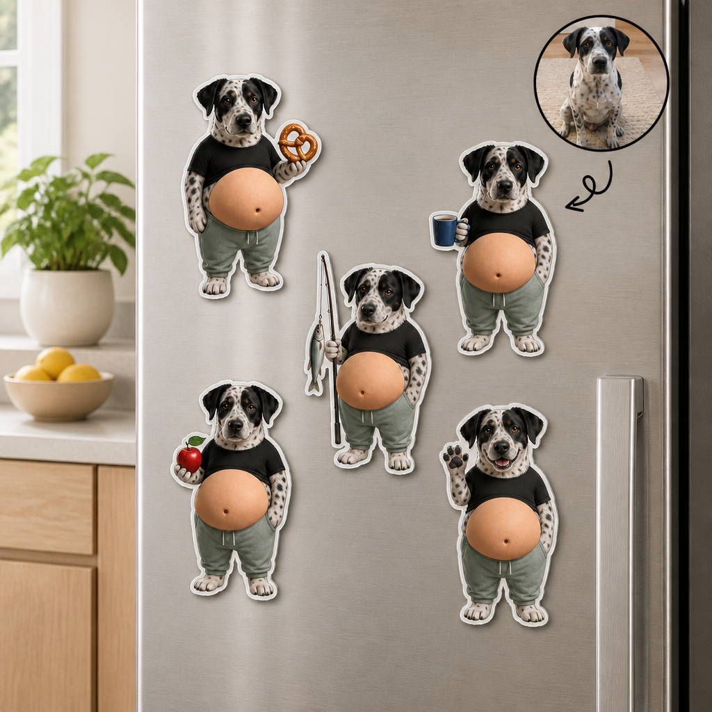Custom Funny Dad Bod Pet Magnet from Photo – Personalized Dog Fridge Magnet Set mockup-product-6a8688b018f61dad45c24270.png