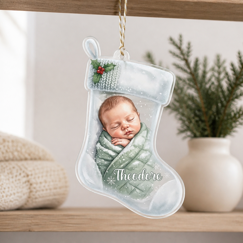 Baby in Christmas Swaddle Acrylic Ornament - Personalized Newborn Gifts For Baby, New Father, New Mother mockup-product-6aa7577944d353c3b02560f9.png