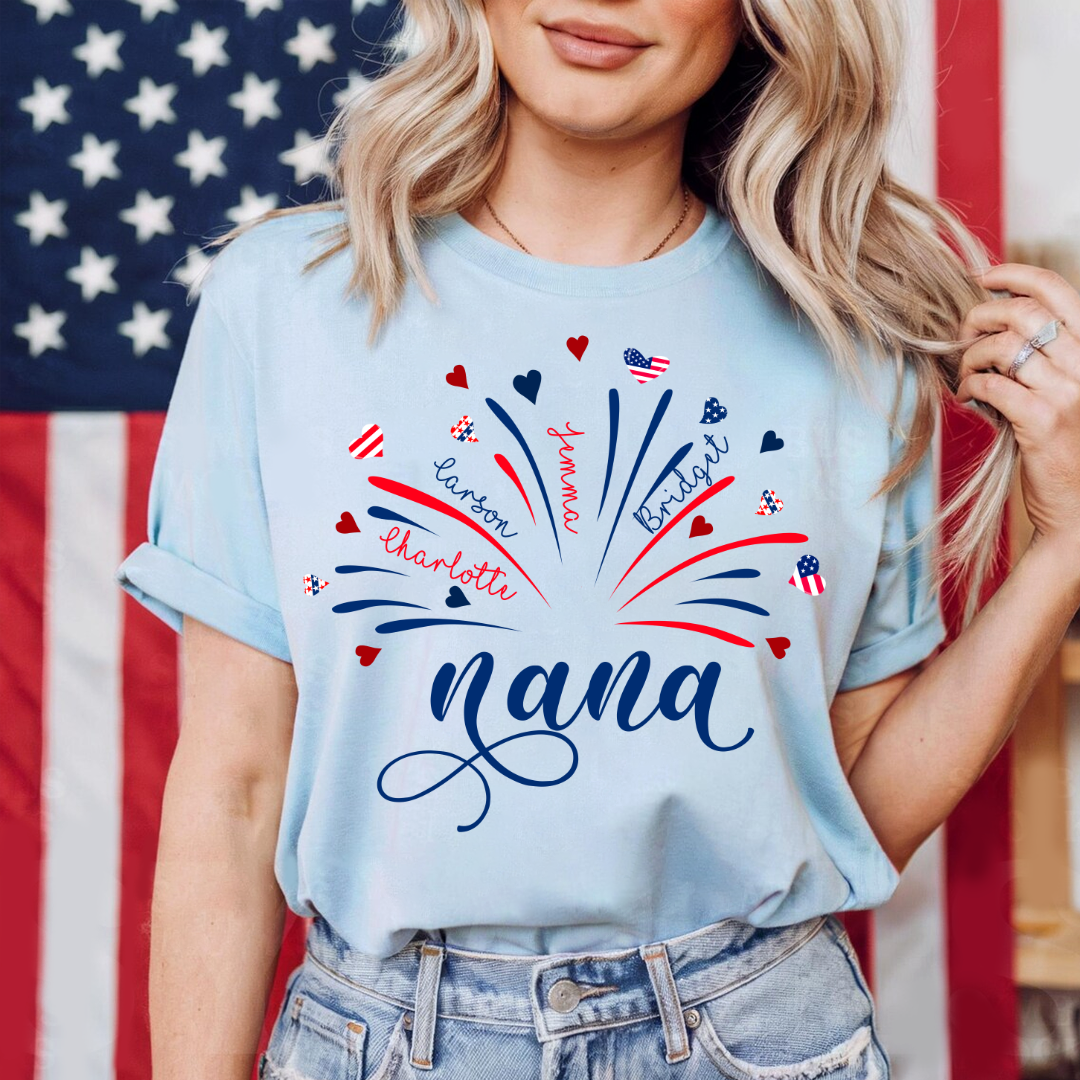 Firework America Flag Grandma And Kids - Personalized T-Shirt