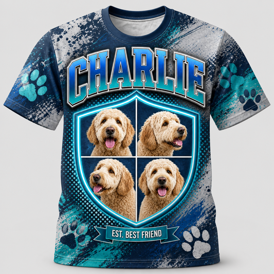 Custom Dog Name + 4-Photo Retro Crest Tee - Hero